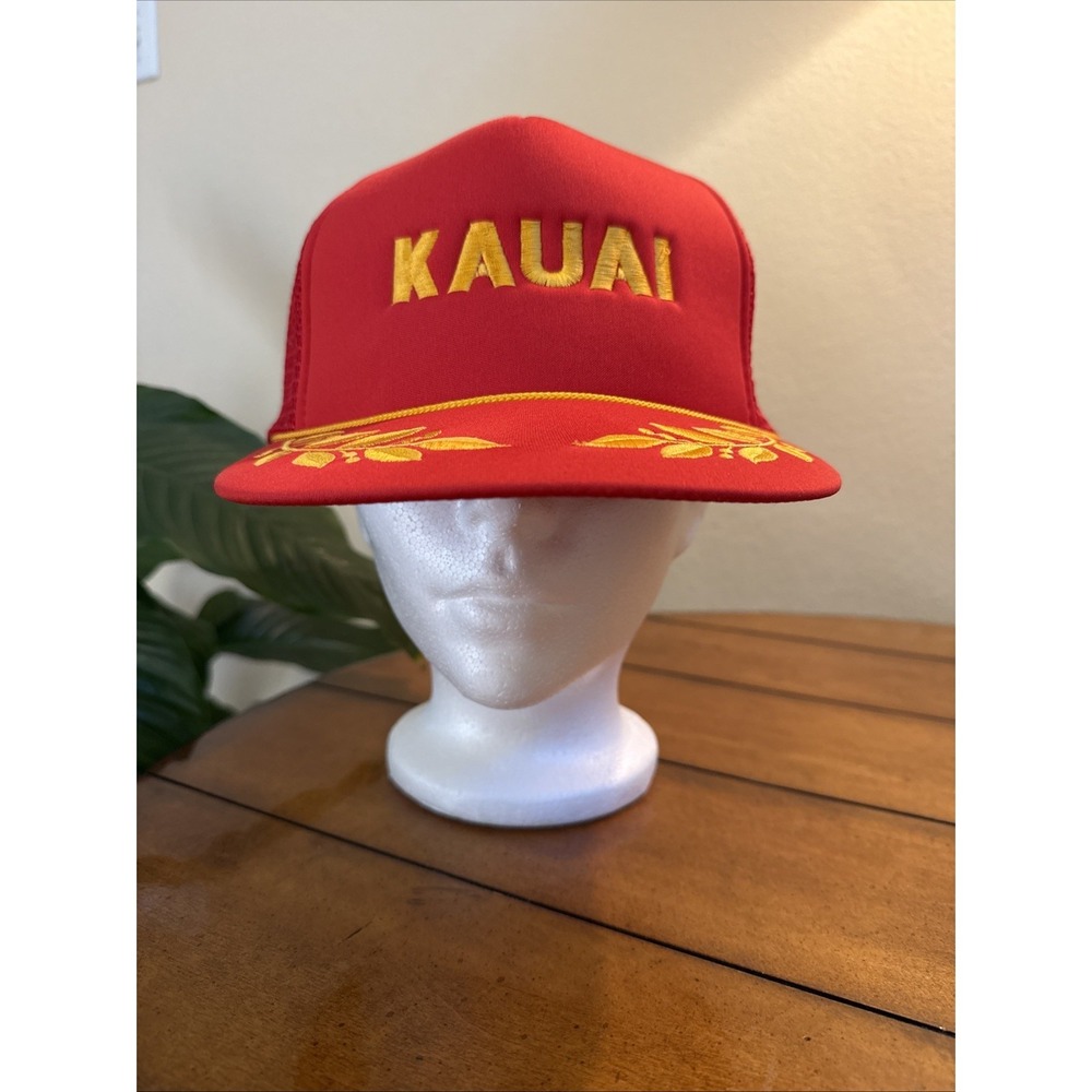 Vintage Kauai Trucker Hat Golden Embroidered Snapback Red Baseball Cap